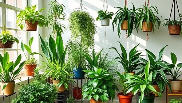 A lush and vibrant indoor plant display featuring a variety of potted greenery, hanging plants, and terrariums in a sunlit room, creating a calming and refreshing oasis within a modern living space, inspiring subscribers to bring the outdoors in.
