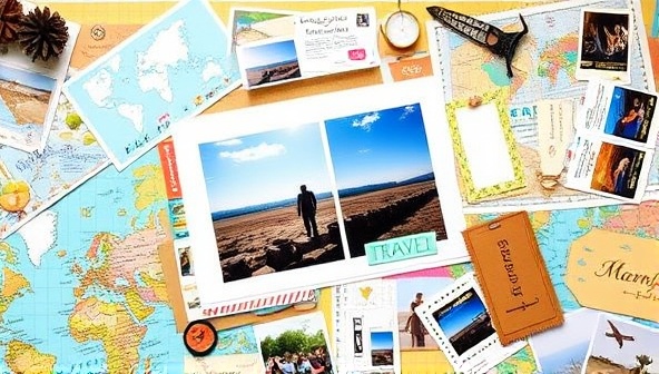 An artistic flat lay of colorful travel-themed scrapbooking materials like maps, postcards, and travel tags arranged around a completed scrapbook page capturing a memorable travel moment, inspiring creativity and storytelling through scrapbooking.