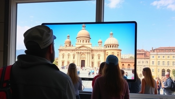 A virtual tour guide leading an interactive tour of a historical landmark through a computer screen, with participants from different parts of the world engaging with the guide and each other, creating a sense of global connectivity and cultural exploration in VirtualWanderer's virtual tours.