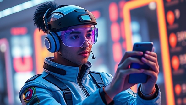 An image of a futuristic virtual influencer with vibrant digital effects, engaging with a product in a creative and captivating way, symbolizing the blend of technology and marketing.