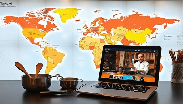 An immersive digital experience featuring a virtual map with highlighted culinary destinations, cooking utensils from different cultures, and a laptop displaying a live cooking workshop with an international chef, inviting participants to embark on a culinary journey around the world.