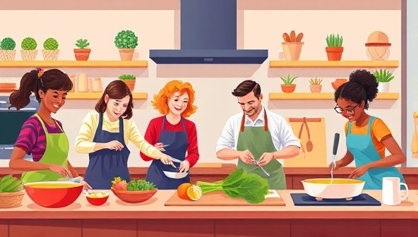 A vibrant digital illustration of a diverse group of people cooking together virtually in a modern kitchen setting, showcasing the interactive and engaging nature of the online cooking classes.