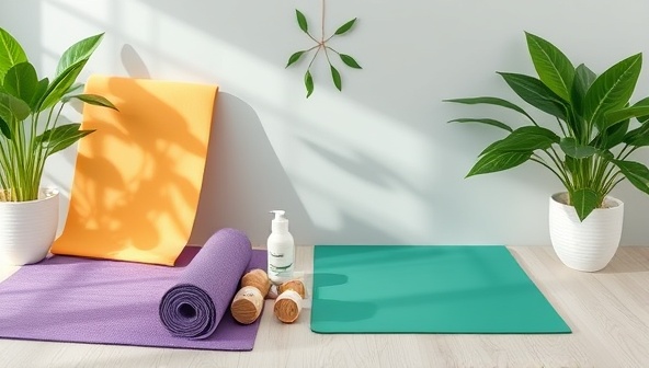 A serene wellness setting with yoga mats, green plants, and organic products, symbolizing the holistic approach and natural essence of the health and wellness brands that WellMark Consult caters to, creating a visually appealing and calming atmosphere.