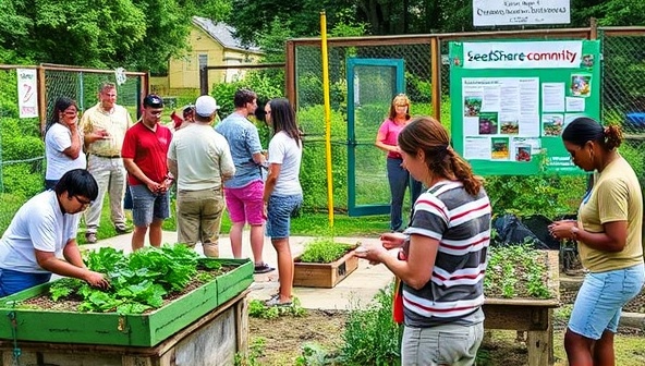 A vibrant community garden setting with a diverse group of residents exchanging seeds, tending to plant beds, and sharing gardening tips, a SeedShare Community booth displaying colorful seed packets, and a bulletin board showcasing upcoming seed swap events, fostering a sense of community, sustainability, and shared gardening knowledge.