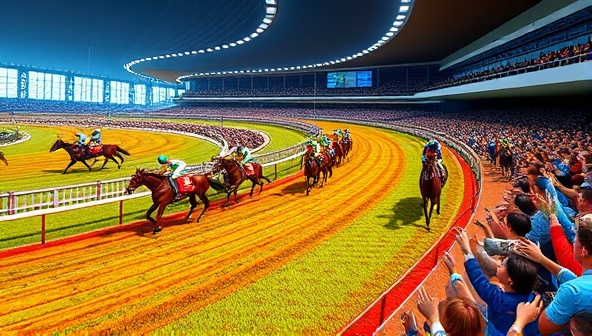 An immersive digital illustration depicting a virtual horse racing track with detailed horse models, jockeys, and a cheering crowd, capturing the excitement and dynamic nature of virtual horse racing simulations for online betting.