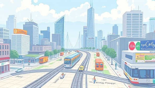 An animated cityscape showcasing diverse transportation modes seamlessly integrated on a digital map, with commuters moving efficiently across the city, highlighting the convenience and eco-friendly aspects of CityMove Innovations' urban mobility solution.