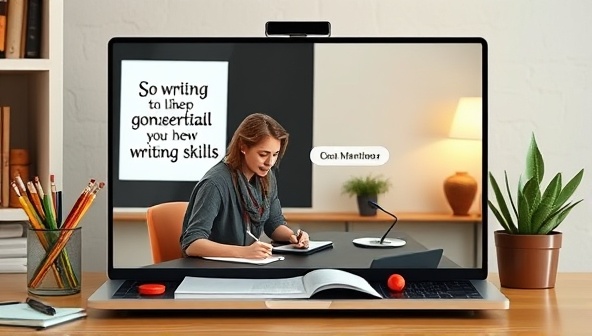 A virtual mentoring session depicted on a screen, showing a mentor and mentee engaging in a coaching session with writing tools, inspirational quotes, and a warm, supportive atmosphere, symbolizing guidance and growth in writing skills.