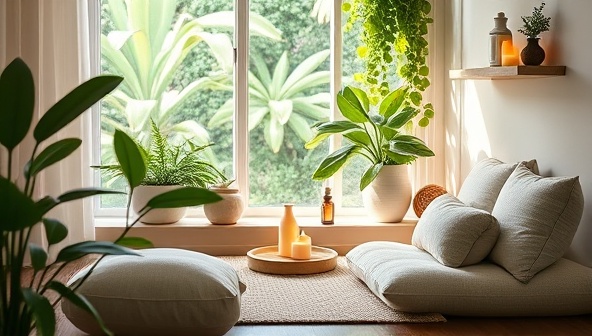 A serene and tranquil virtual spa setup showcasing a cozy meditation corner with lush greenery, calming essential oils, soft lighting, and comfortable cushions, inviting subscribers to immerse themselves in a peaceful oasis of relaxation and self-care.