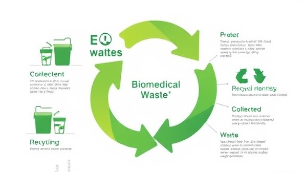 A visually striking infographic depicting the lifecycle of biomedical waste from collection to recycling, featuring green arrows symbolizing sustainability and eco-friendly practices in waste management.