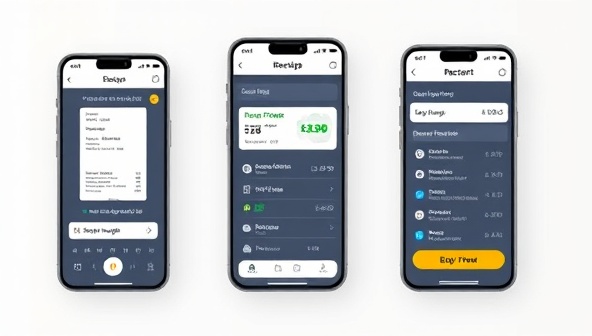 An interactive mobile app interface showcasing digital receipt scanning, expense categorization, and real-time expense tracking features, designed with a clean and modern aesthetic, reflecting efficiency and convenience in expense management for businesses and individuals.