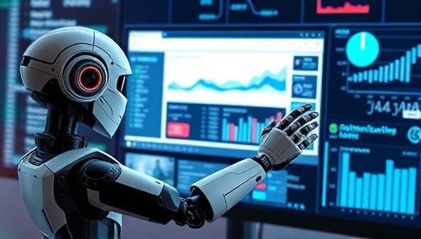 An AI-powered robot analyzing website data and making real-time optimizations on a virtual website screen, symbolizing efficiency and cutting-edge technology in web optimization.