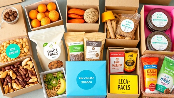 A colorful array of zero-waste snack boxes filled with organic nuts, dried fruits, homemade granola bars, and sustainable treats, arranged in a plastic-free packaging made from recycled materials, exemplifying eco-conscious snacking and sustainable living.