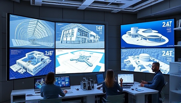 A futuristic digital workspace with multiple screens displaying intricate 3D blueprints and virtual tours of architectural projects, surrounded by creative design tools and a team of skilled professionals collaborating on cutting-edge construction visualization.