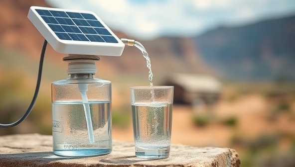 An image of a compact solar-powered water purification system in action, with clear, purified water flowing from the system into a glass, set against a backdrop of a remote outdoor location, emphasizing sustainability and clean water provision.