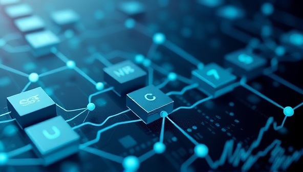 An abstract representation of blockchain technology, featuring interconnected blocks with financial data flowing securely between them, symbolizing transparency and trust in audit processes.