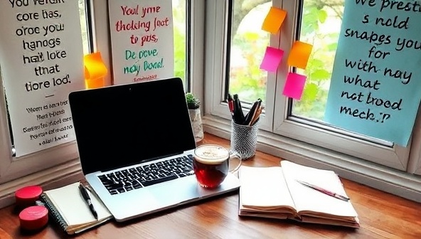 A cozy writing nook with a laptop, notebooks, pens, and a steaming cup of tea, surrounded by inspirational quotes, colorful post-it notes, and a window view of a tranquil natural setting, evoking a creative and immersive writing environment for participants of WriteWonders workshops.