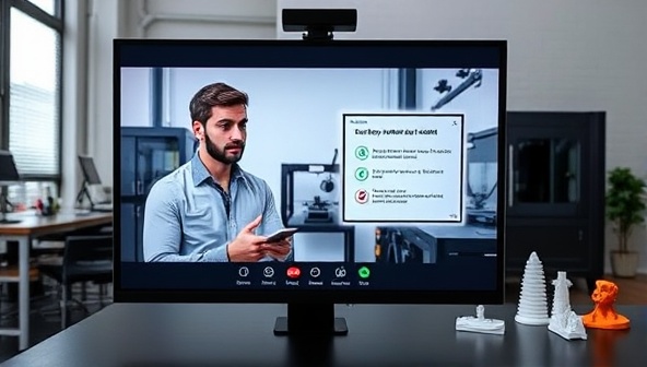 An online video call screen displaying a 3D printing expert explaining technical concepts to a client, with a backdrop of advanced 3D printers and printed prototypes, conveying professionalism and expertise in the remote consultation service.