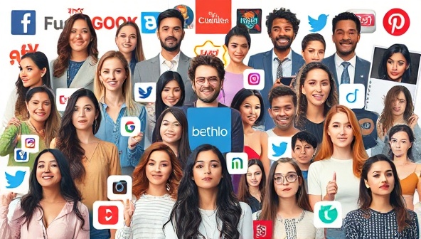 An artistic collage featuring various influencers with diverse styles and audiences, overlaid with brand logos and engagement metrics, symbolizing the dynamic and collaborative nature of influencer marketing.