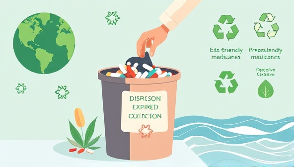 An illustrative image depicting a person disposing of expired medications in a designated collection bin, with clear eco-friendly messaging and visuals of a green planet, recycling symbols, and clean water sources, emphasizing the environmental impact of responsible medication disposal.