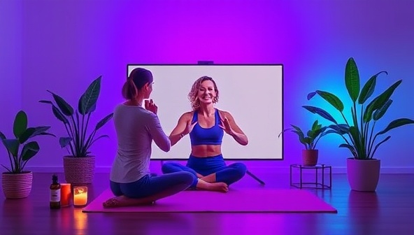 An inspirational image of a virtual wellness coaching session, with a coach guiding a client through a virtual workout, surrounded by calming wellness elements like plants, essential oils, and yoga mats, evoking a sense of tranquility and motivation.