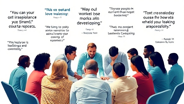 An empowering visual of a diverse group of leaders collaboratively brainstorming and strategizing, surrounded by leadership quotes and success stories, symbolizing the transformative impact of online leadership development consulting by LeadForge Consultants.