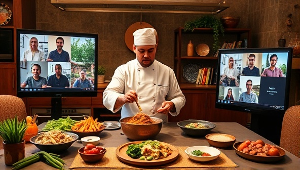 An image of a virtual cooking class setup with a chef demonstrating the preparation of a traditional dish from a specific country, surrounded by ingredients, cultural decor, and digital screens displaying participants from different locations, creating a global culinary experience.