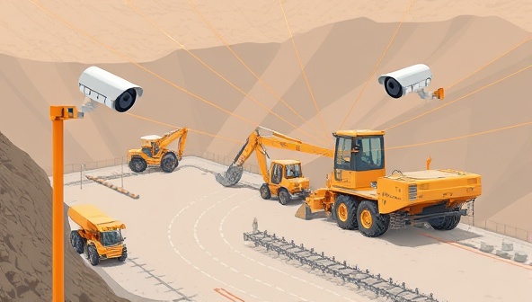 An illustrative visual representation showing a mining site equipped with AI-powered surveillance cameras, monitoring safety parameters such as worker movements, equipment operation, and environmental conditions, symbolizing the proactive safety measures enabled by SafeMineGuardian.