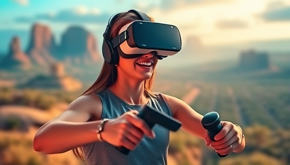 An individual wearing a VR headset and controllers, fully immersed in a virtual reality fitness session set in a captivating digital landscape, illustrating the futuristic and engaging nature of VR Fit Zone workouts.