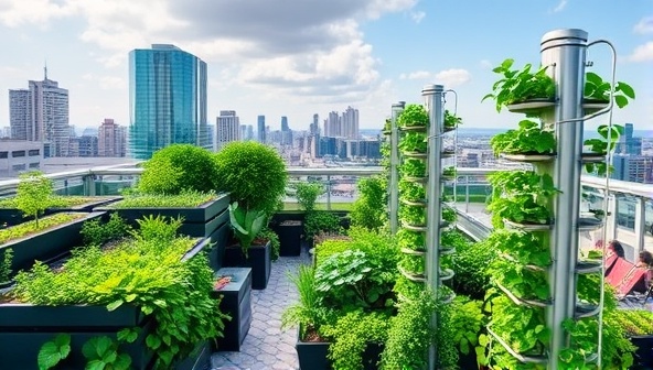 An urban rooftop garden filled with lush greenery and high-tech vertical farming towers, showcasing a harmonious blend of nature and modern technology.