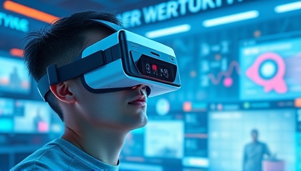 An imaginative depiction of a person wearing a VR headset, exploring a visually stunning and interactive virtual representation of a website, surrounded by futuristic digital elements, highlighting the immersive nature of the VR Web Studios service.