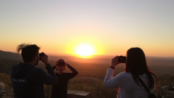 A captivating photography workshop scene capturing a stunning sunset over a scenic landscape, with participants learning composition techniques, adjusting camera settings, and capturing the golden hour light, embodying the essence of creative exploration and visual storytelling at Capture Wanderlust Workshops.