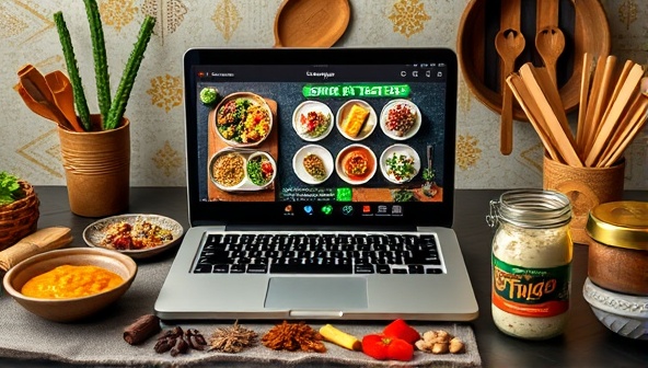 An online setup with a laptop displaying a live virtual tasting session, surrounded by exotic spices, cooking utensils, and cultural decorations, evoking a sense of culinary exploration and global connectivity.