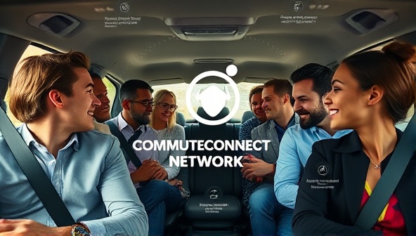A diverse group of professionals engaged in lively conversations and networking inside a carpool vehicle, with a digital interface overlay showcasing the CommuteConnect Network logo and features, illustrating the blend of technology and human connection in modern commuting.