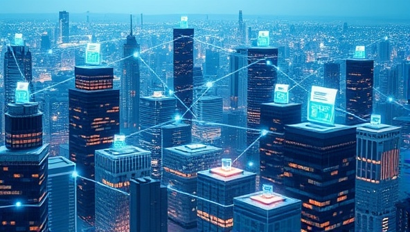 A futuristic digital cityscape with interconnected blocks symbolizing blockchain technology, overlaid with financial audit documents flowing securely between buildings, representing the transparent and efficient audit process of AuditChain Innovate.