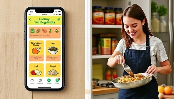 A mobile phone displaying the Wasteless Kitchen app interface with vibrant recipe suggestions using leftover ingredients, a well-organized pantry with labeled food items, and a happy user cooking a delicious meal, illustrating a practical and eco-conscious approach to reducing food waste.