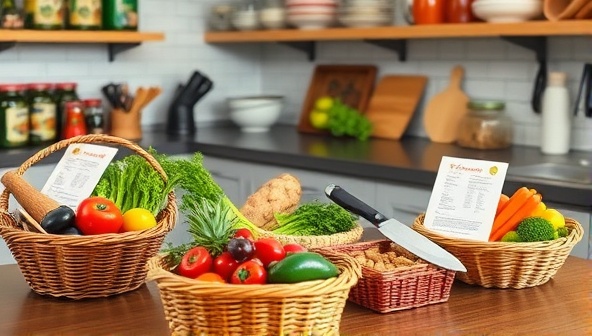 An inviting kitchen setting with colorful ingredients neatly arranged in baskets, recipe cards displayed, and a chef's knife, conveying a sense of creativity and culinary adventure.