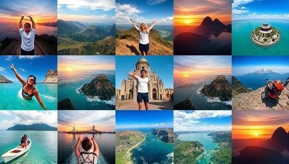 A dynamic collage of travel photos and video snippets from various destinations around the world, showcasing the diverse and exhilarating adventures shared by content creators on the Wanderlust Chronicles platform, inviting viewers to join the journey.