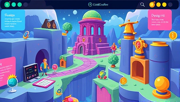 An illustration of a virtual game world where users navigate through coding challenges and design quests, with colorful badges and rewards displayed on the screen, creating a fun and immersive learning experience that CodeCrafters offers to aspiring web designers.