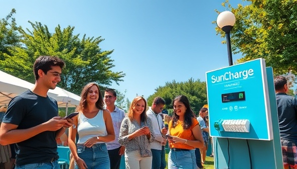 A vibrant outdoor event scene with a group of people happily charging their phones at a SunCharge Station under the sun, surrounded by greenery and a clear blue sky, illustrating a sustainable and tech-savvy lifestyle.
