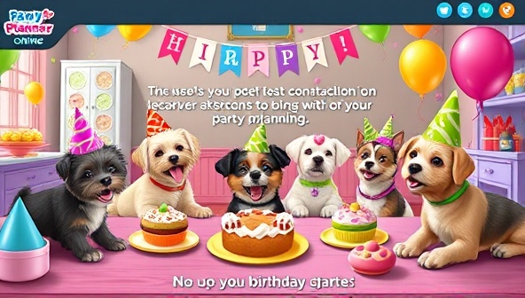 A festive virtual pet birthday party scene with colorful decorations, party hats, and pets enjoying themed treats and games in an online celebration, highlighting the joyful and interactive experience offered by PawtyPlanner Online's party planning service.