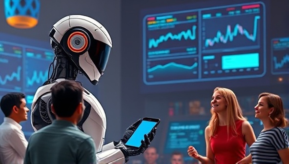 An artistic rendering of a futuristic robot providing investment advice to a diverse group of individuals, with digital screens displaying real-time market data and investment insights, symbolizing cutting-edge technology and financial guidance.
