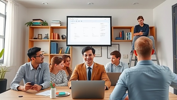 An image of a virtual classroom with diverse students engaging in a language lesson led by a professional instructor, showcasing cultural diversity and interactive learning.
