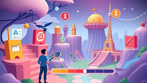 An animated depiction of a user exploring a virtual world filled with design challenges, badges, and tools, with a progress bar showcasing their advancement in the design quest, capturing the essence of gamified learning in web design education.