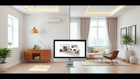 A split-screen image showing a plain room on one side and a beautifully designed room on the other side, highlighting the transformative power of interior design, with a computer displaying a 3D design software in the background.