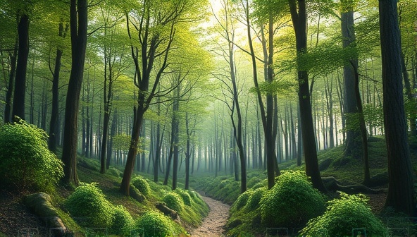 An artistic representation of a digital forest landscape intertwined with web design elements, symbolizing the harmony between technology and nature in sustainable web design.