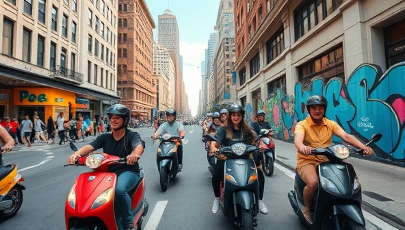 An exciting snapshot of a guided electric scooter tour group navigating through bustling city streets, passing by iconic landmarks and colorful urban murals, with the tour guide leading the way and sharing fascinating stories about the city's history and culture, capturing the dynamic and immersive experience offered by CityGlide Explorations.