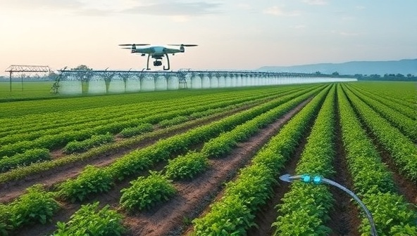 A futuristic farm landscape with advanced irrigation systems in action, showcasing sensors, drones, and automated water distribution, illustrating efficiency and sustainability.