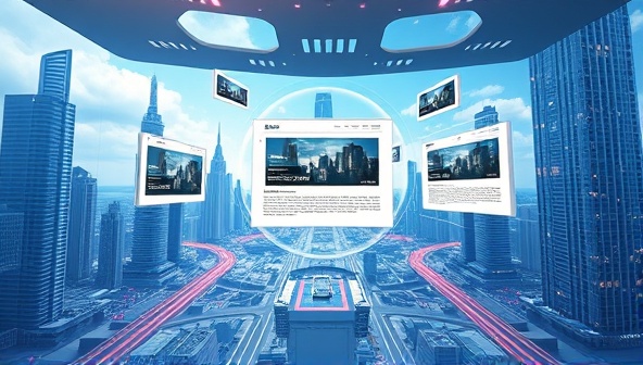 An immersive VR environment displaying a futuristic cityscape with interactive website elements floating in the virtual space, showcasing the innovative and captivating experience of exploring websites in VR through the VR DesignStudio platform.