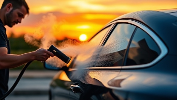 An eye-catching visual of a professional detailer working on a shiny car exterior, with steam rising from the cleaning process, against a backdrop of a picturesque sunset, highlighting the convenience and quality of the mobile detailing service.