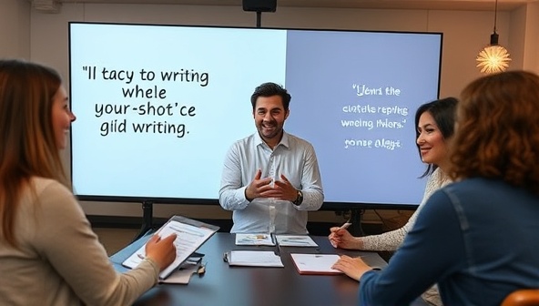 An engaging virtual workshop setup with a charismatic instructor leading a group of diverse participants through a creative writing exercise, with digital notepads, inspirational quotes, and interactive elements on the screen.